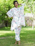 Yufta White Floral Print Kaftan Kurta with Trousers Co-Ords | Grocsy