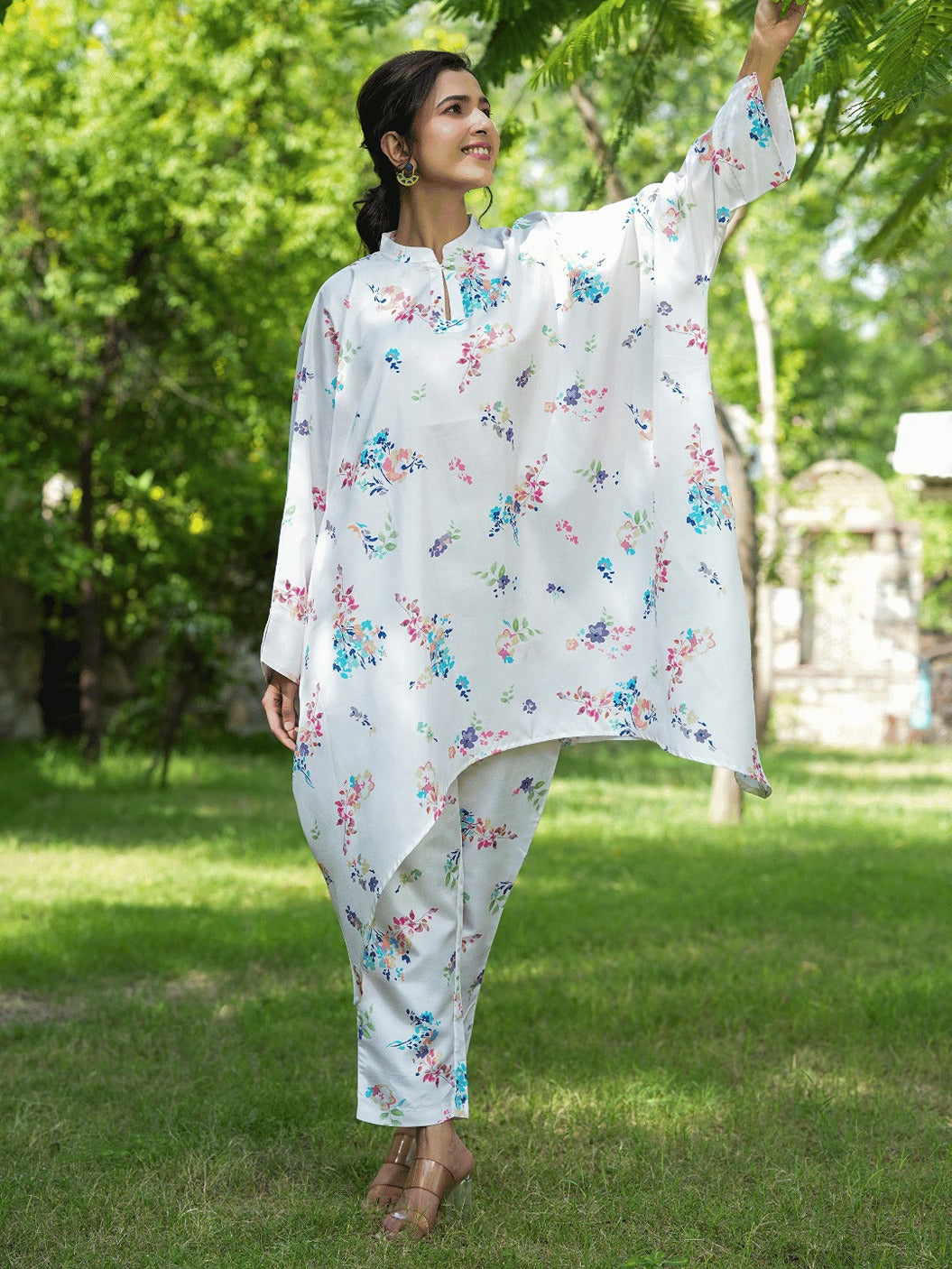 Yufta White Floral Print Kaftan Kurta with Trousers Co-Ords | Grocsy