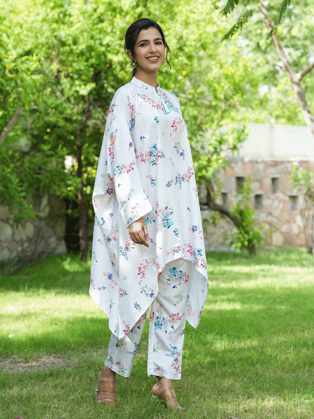 Yufta White Floral Print Kaftan Kurta with Trousers Co-Ords | Grocsy
