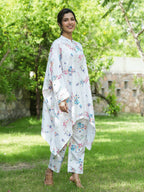 Yufta White Floral Print Kaftan Kurta with Trousers Co-Ords | Grocsy