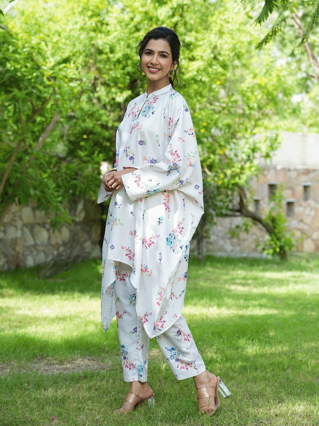 Yufta White Floral Print Kaftan Kurta with Trousers Co-Ords | Grocsy