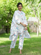 Yufta White Floral Print Kaftan Kurta with Trousers Co-Ords | Grocsy