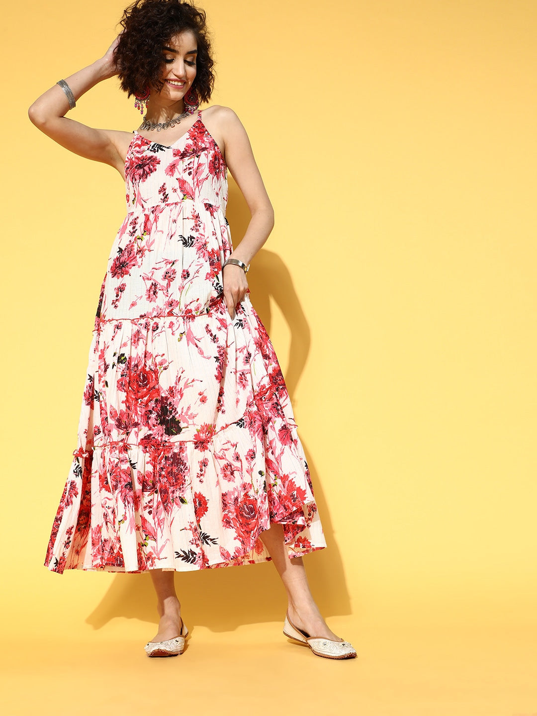 Yufta White & Pink Floral Printed Dress | Grocsy