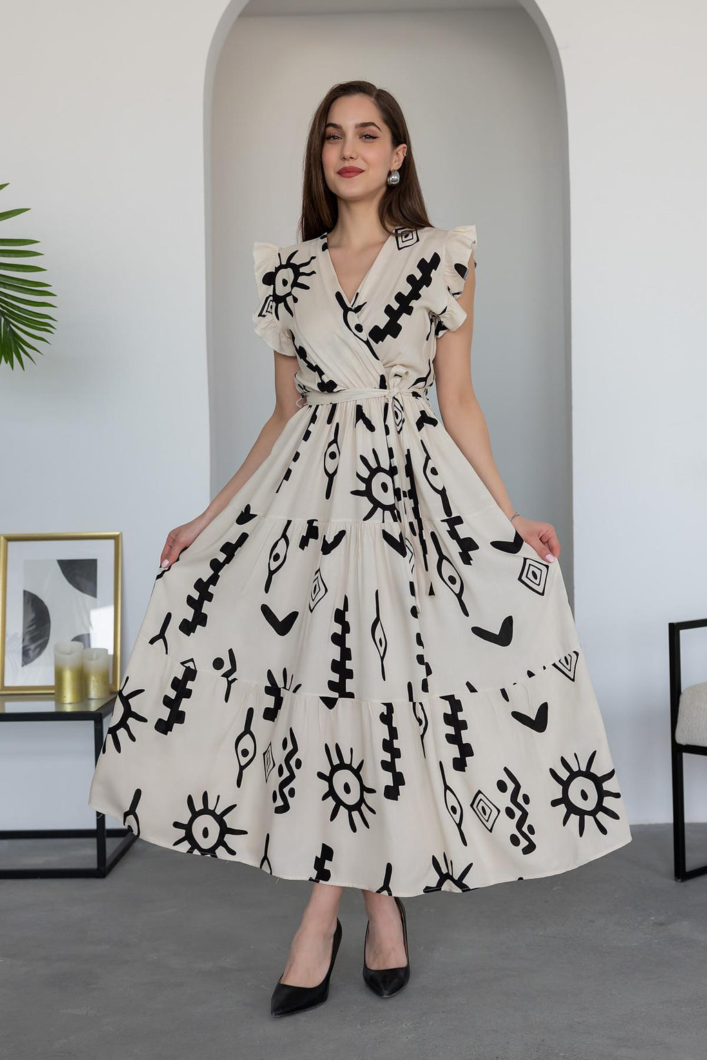 Pimu V-Neck Maxi Dress with White Graphic Print | Grocsy
