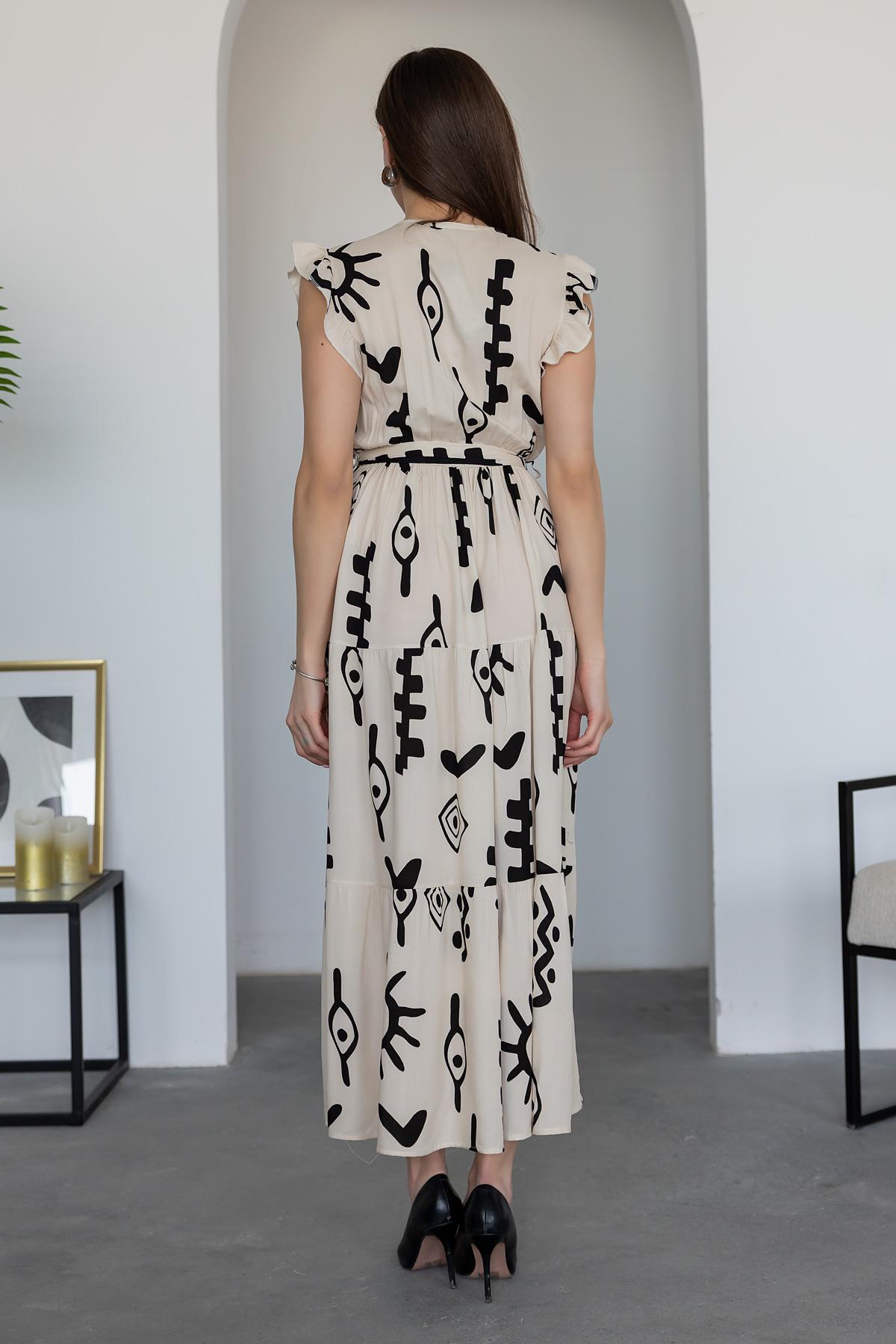 Pimu V-Neck Maxi Dress with White Graphic Print | Grocsy