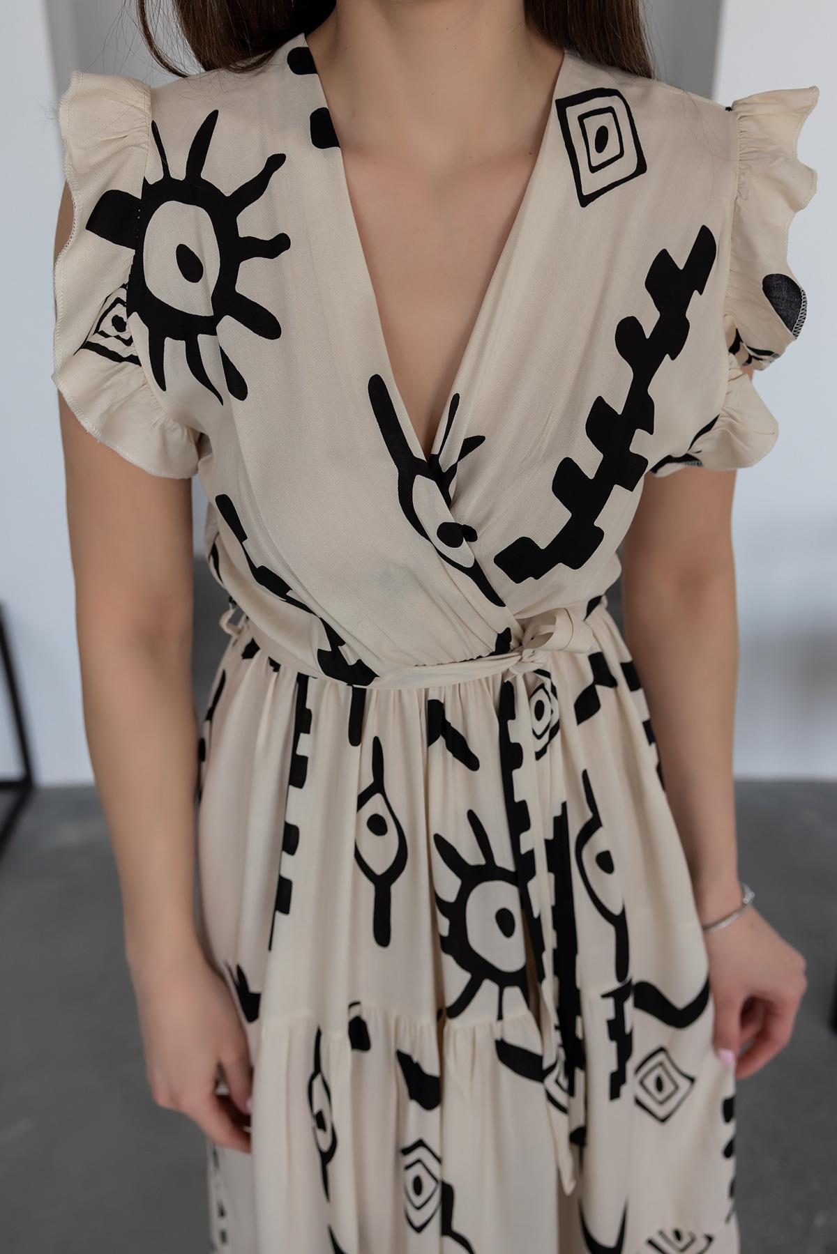 Pimu V-Neck Maxi Dress with White Graphic Print | Grocsy