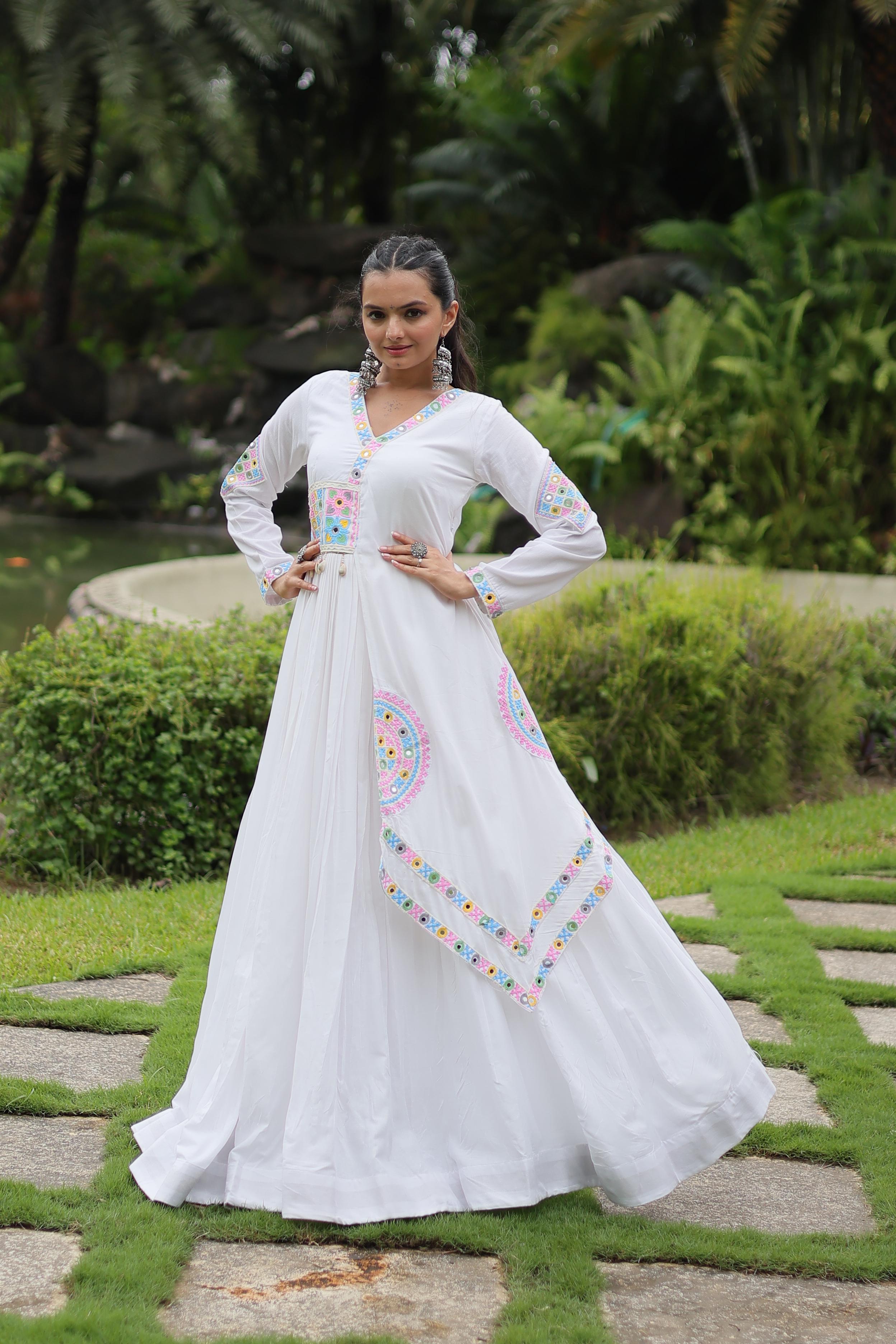 Lorenvalley White Rayon Fabric With Kutchi Gamthi Lace Gown | Grocsy