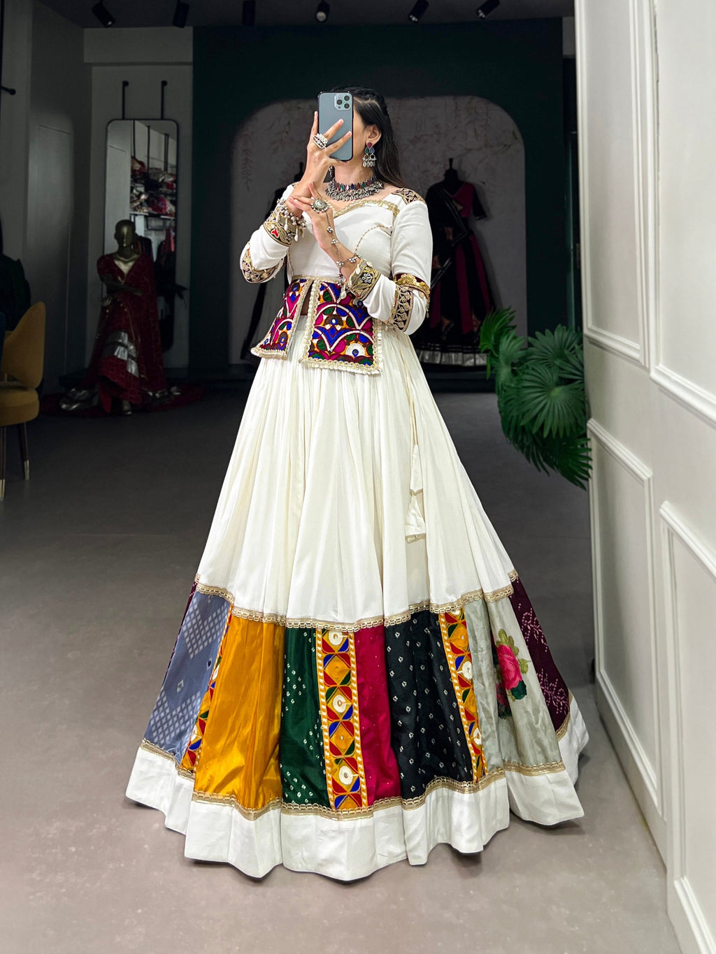 Lorenvalley White Rayon Plain With Embroidery And Gamthi Patch Work Lehenga Choli | Grocsy