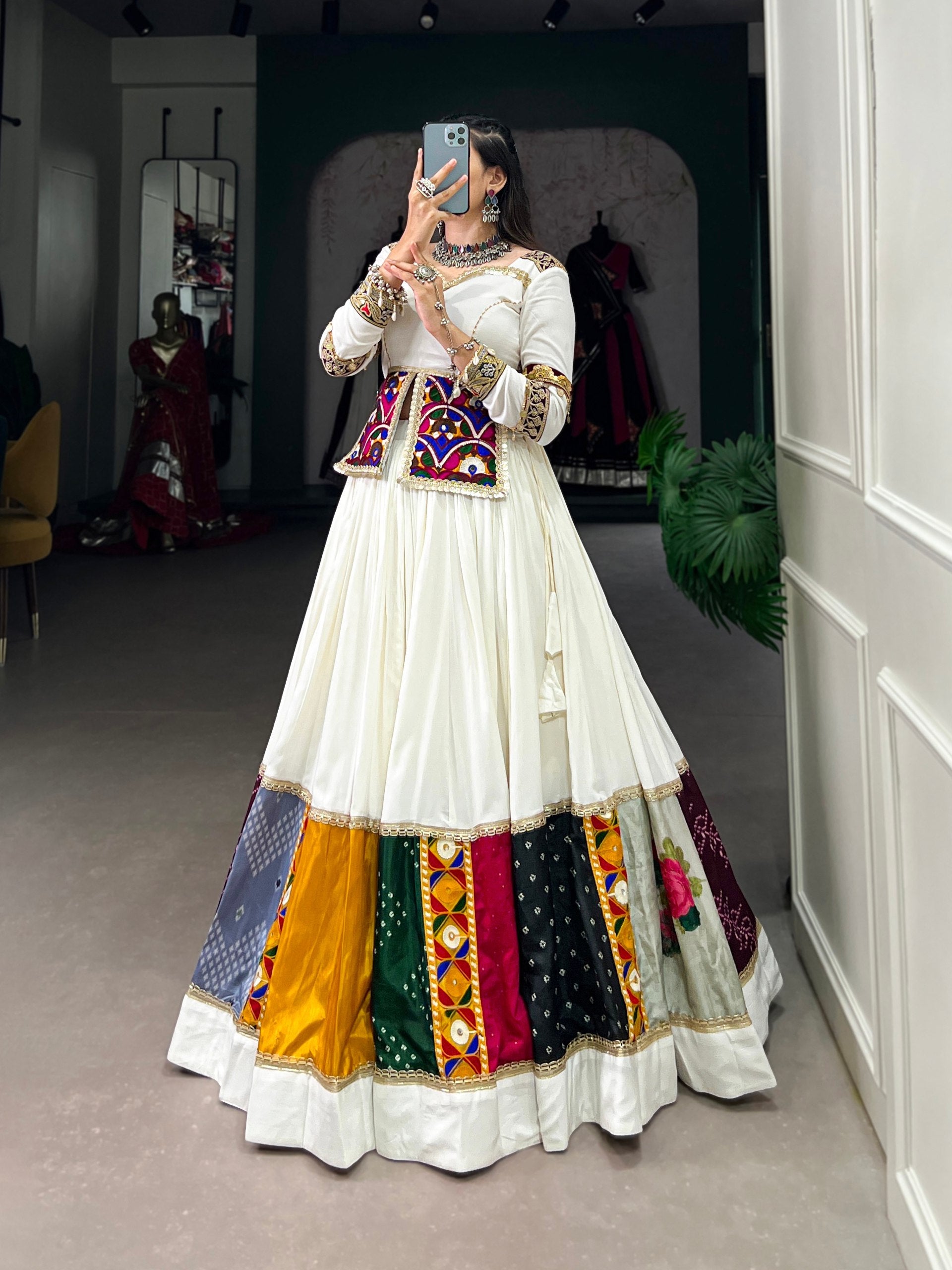 Lorenvalley White Rayon Plain With Embroidery And Gamthi Patch Work Lehenga Choli | Grocsy