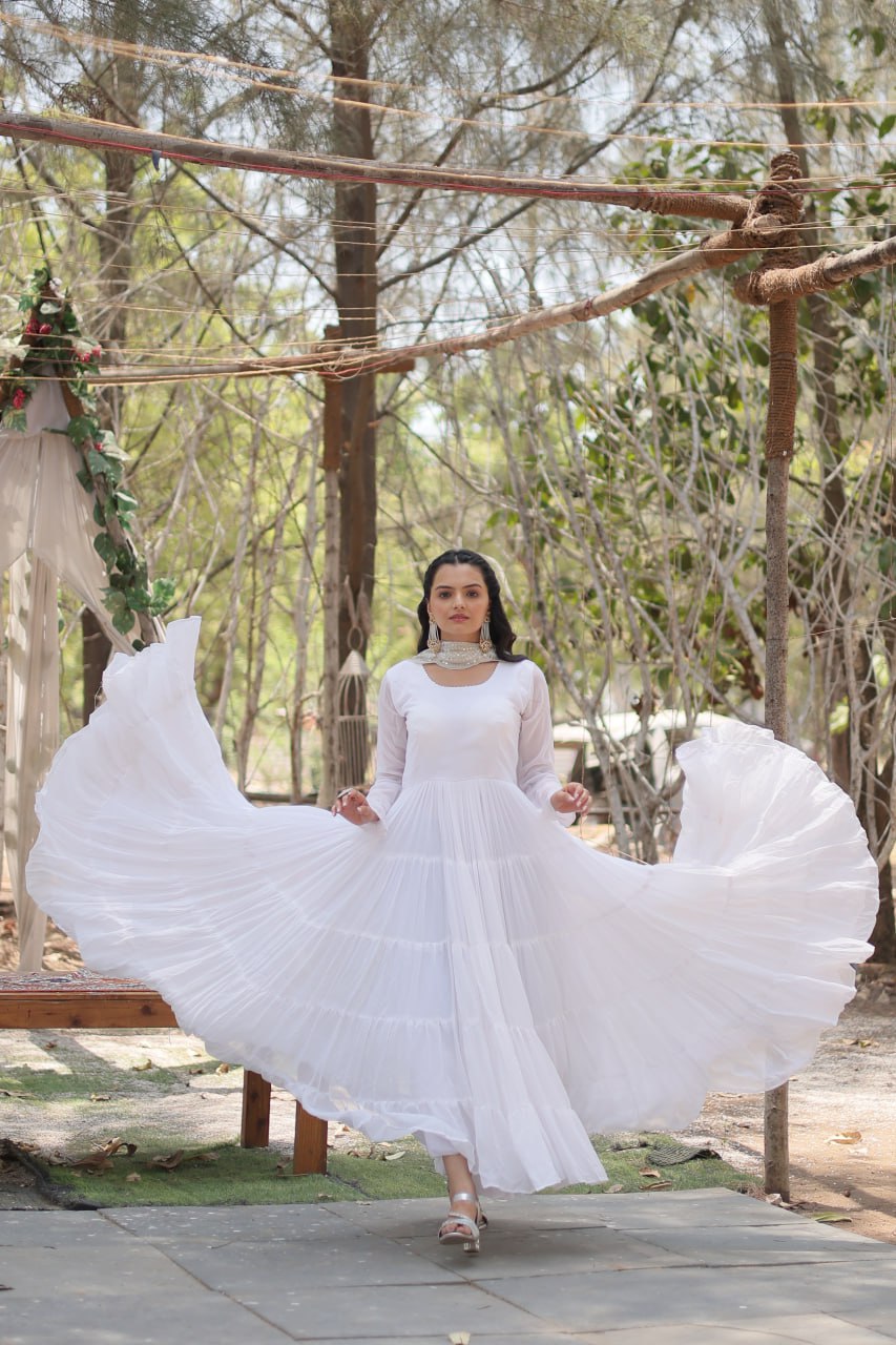 Evanik White Faux Blooming Gown With Dupatta With Rich Sequins Embroidered work | Grocsy