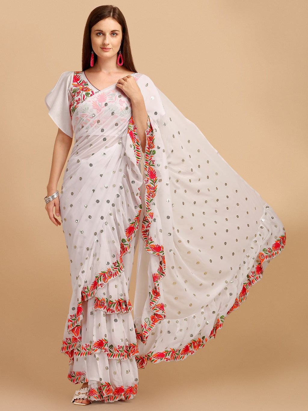 Evanik White Embroidered Work Ruffled Saree With Unstitched Blouse | Grocsy