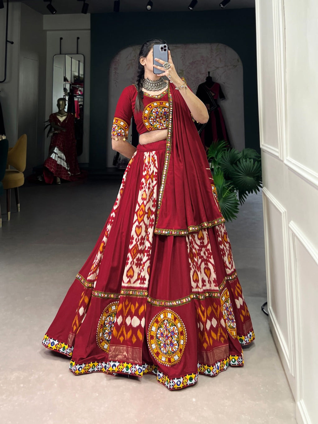 Lorenvalley White Rayon and Printed Silk with Plain And Printed With Original Mirror Gamthi Work And Gamthi Patch Work Lehenga Choli | Grocsy
