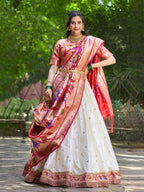 Lorenvalley White Jacquard Silk Paithani Weaving Zari Lehenga Choli with Dupatta | Grocsy