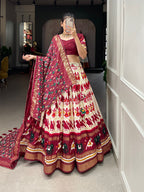 Lorenvalley White Tussar Silk Patola Print With Foil Work Lehenga Choli | Grocsy