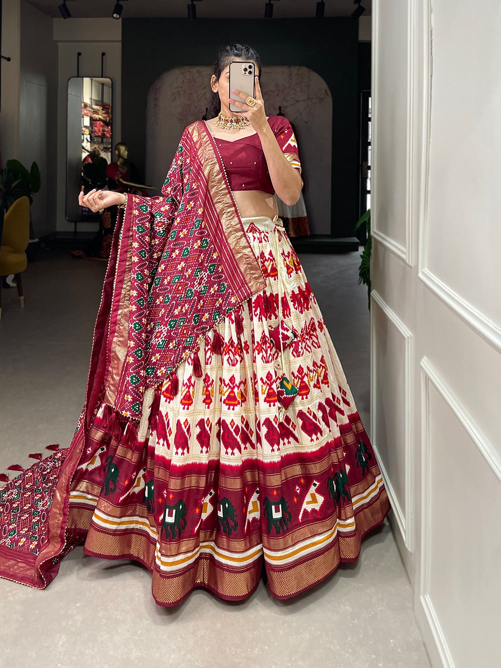 Lorenvalley White Tussar Silk Patola Print With Foil Work Lehenga Choli | Grocsy
