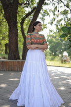 Lorenvalley White Premium Rayon Lehenga with Georgette Embroidered Traditional Thread work Choli | Grocsy