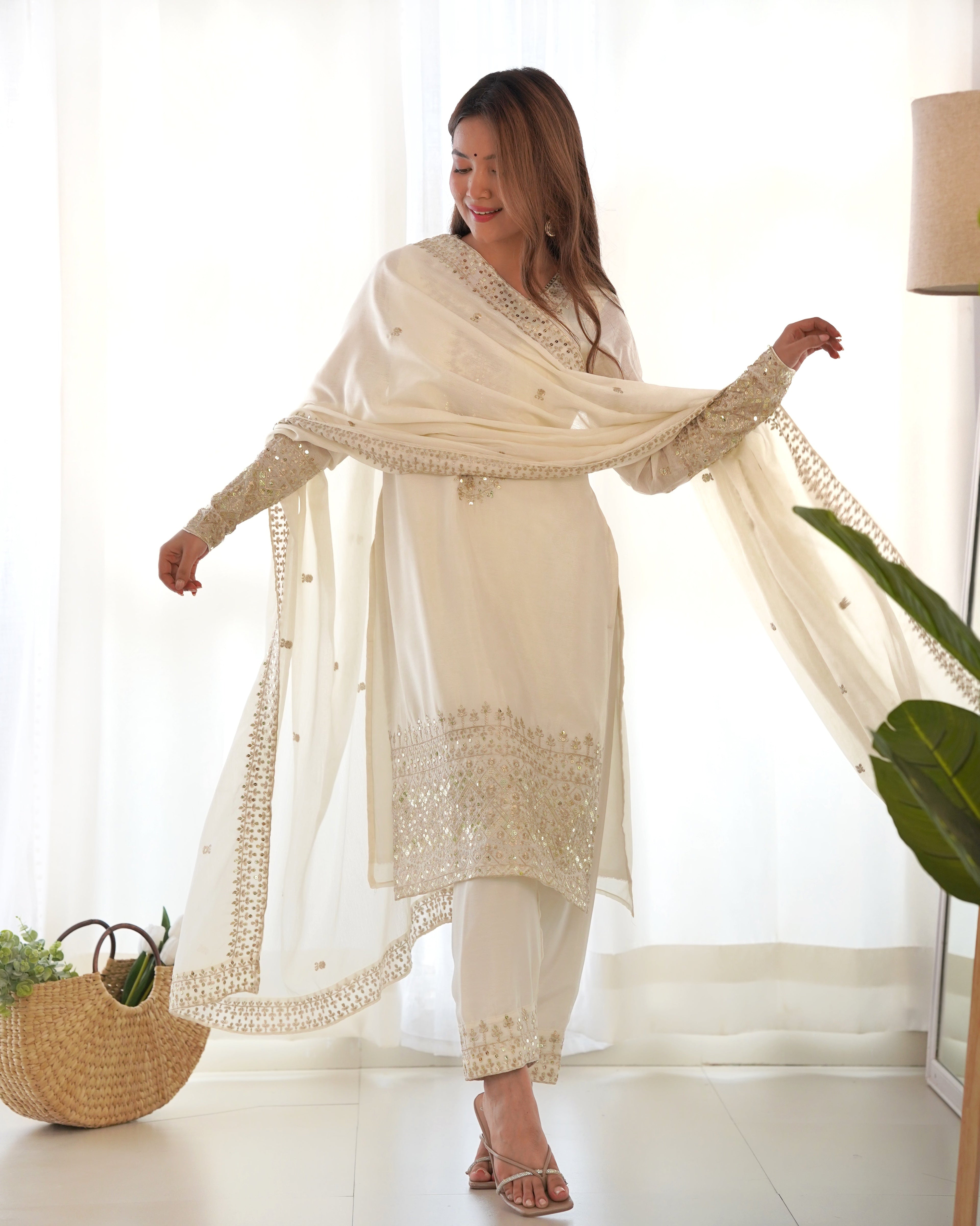 Lorenvalley Chinon Silk Embroidery Sequence zari work Kurta Pant with Dupatta Set - White | Grocsy
