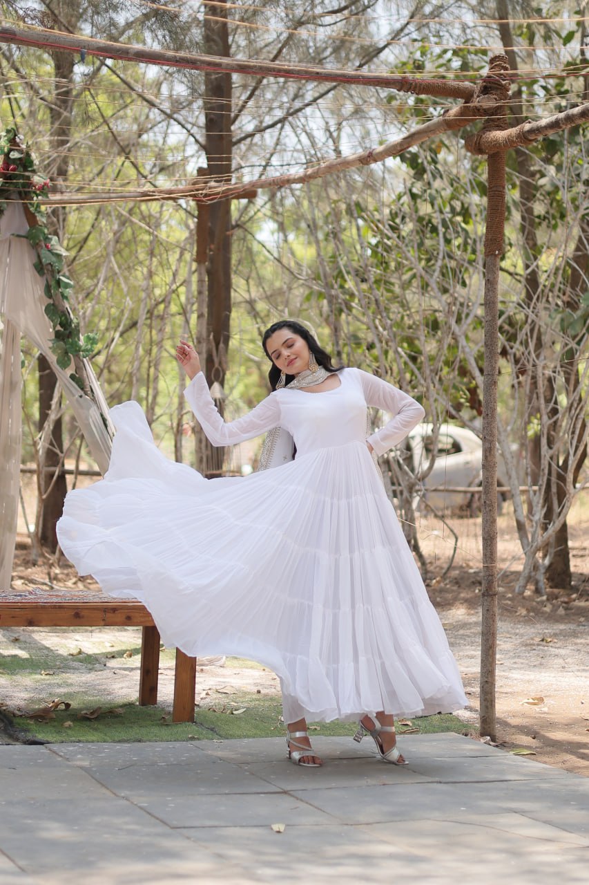 Evanik White Faux Blooming Gown With Dupatta With Rich Sequins Embroidered work | Grocsy