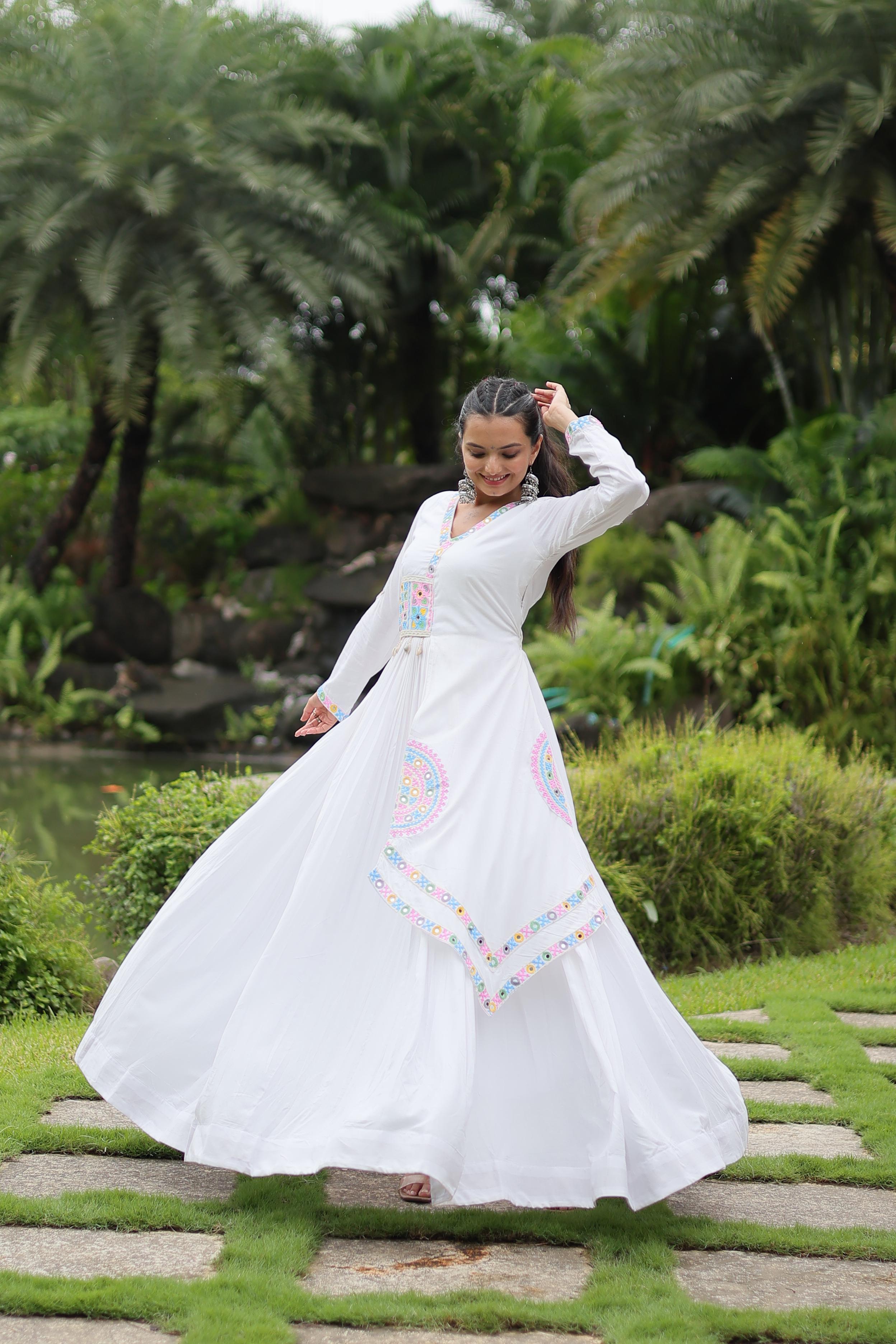 Lorenvalley White Rayon Fabric With Kutchi Gamthi Lace Gown | Grocsy