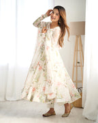 Lorenvalley White Soft Organza Silk With Floral Print Fully Flared Anarkali Pant With Dupatta Set | Grocsy