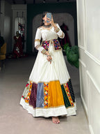 Lorenvalley White Rayon Plain With Embroidery And Gamthi Patch Work Lehenga Choli | Grocsy