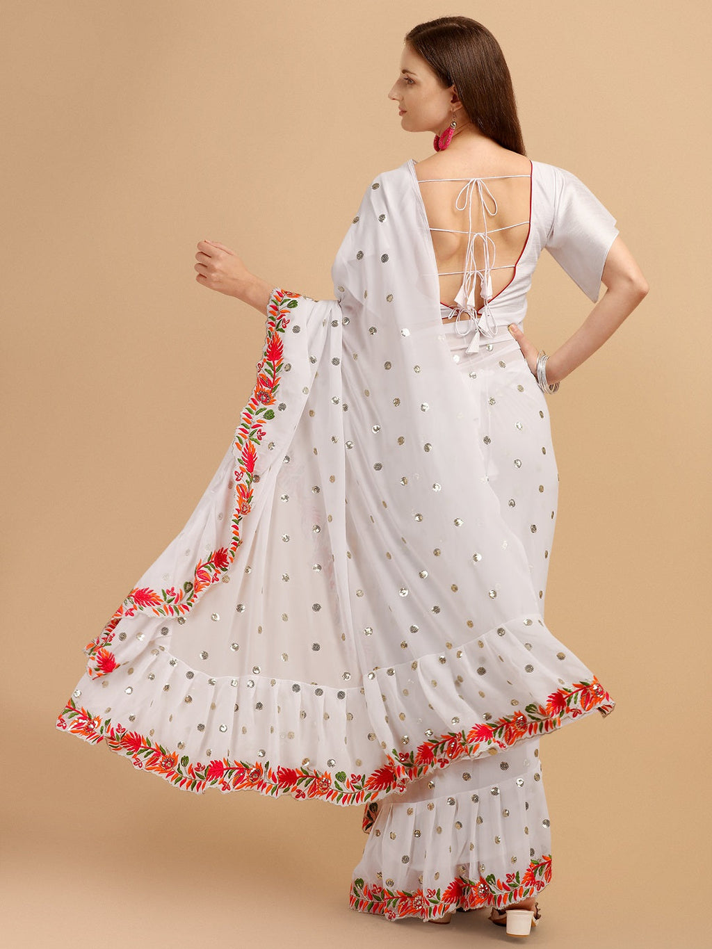 Evanik White Embroidered Work Ruffled Saree With Unstitched Blouse | Grocsy