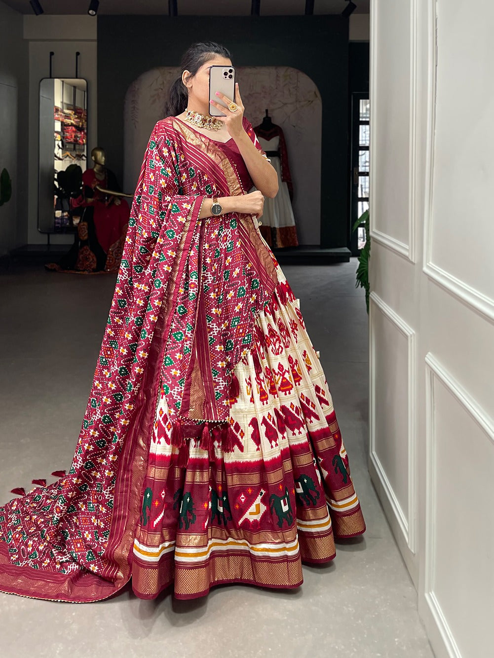 Lorenvalley White Tussar Silk Patola Print With Foil Work Lehenga Choli | Grocsy