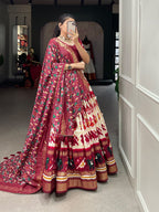 Lorenvalley White Tussar Silk Patola Print With Foil Work Lehenga Choli | Grocsy