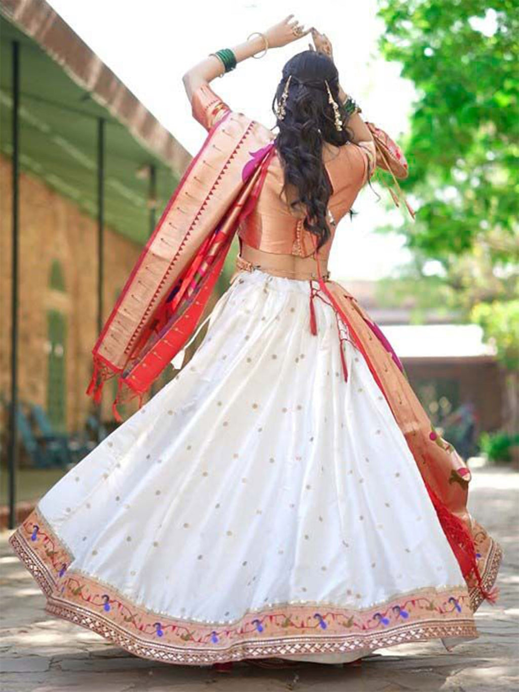 Lorenvalley White Jacquard Silk Paithani Weaving Zari Lehenga Choli with Dupatta | Grocsy