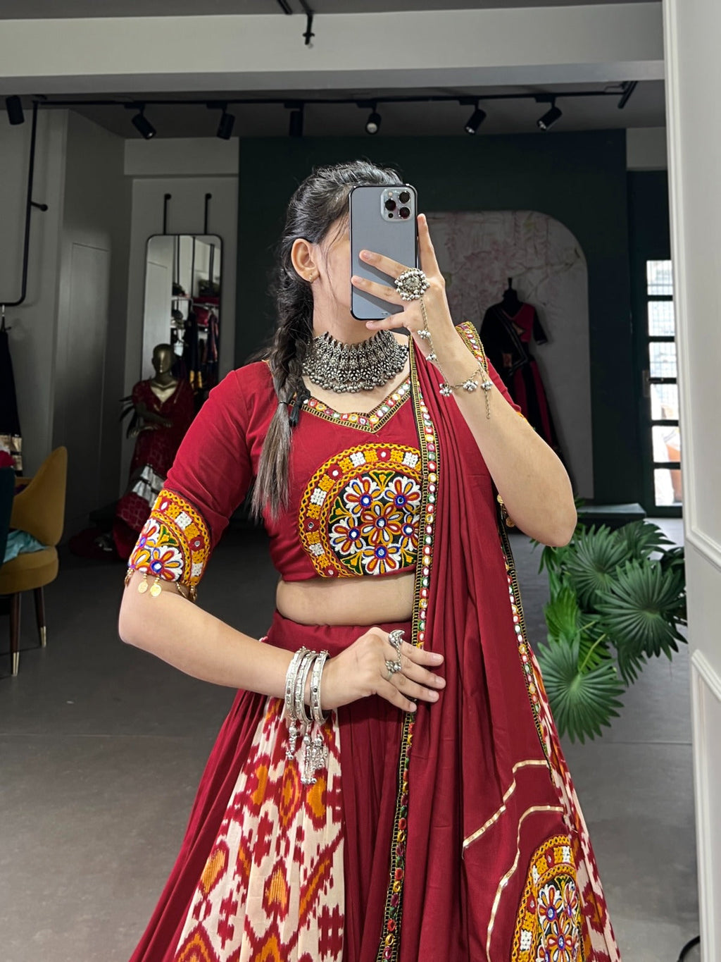 Lorenvalley White Rayon and Printed Silk with Plain And Printed With Original Mirror Gamthi Work And Gamthi Patch Work Lehenga Choli | Grocsy