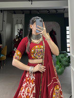 Lorenvalley White Rayon and Printed Silk with Plain And Printed With Original Mirror Gamthi Work And Gamthi Patch Work Lehenga Choli | Grocsy