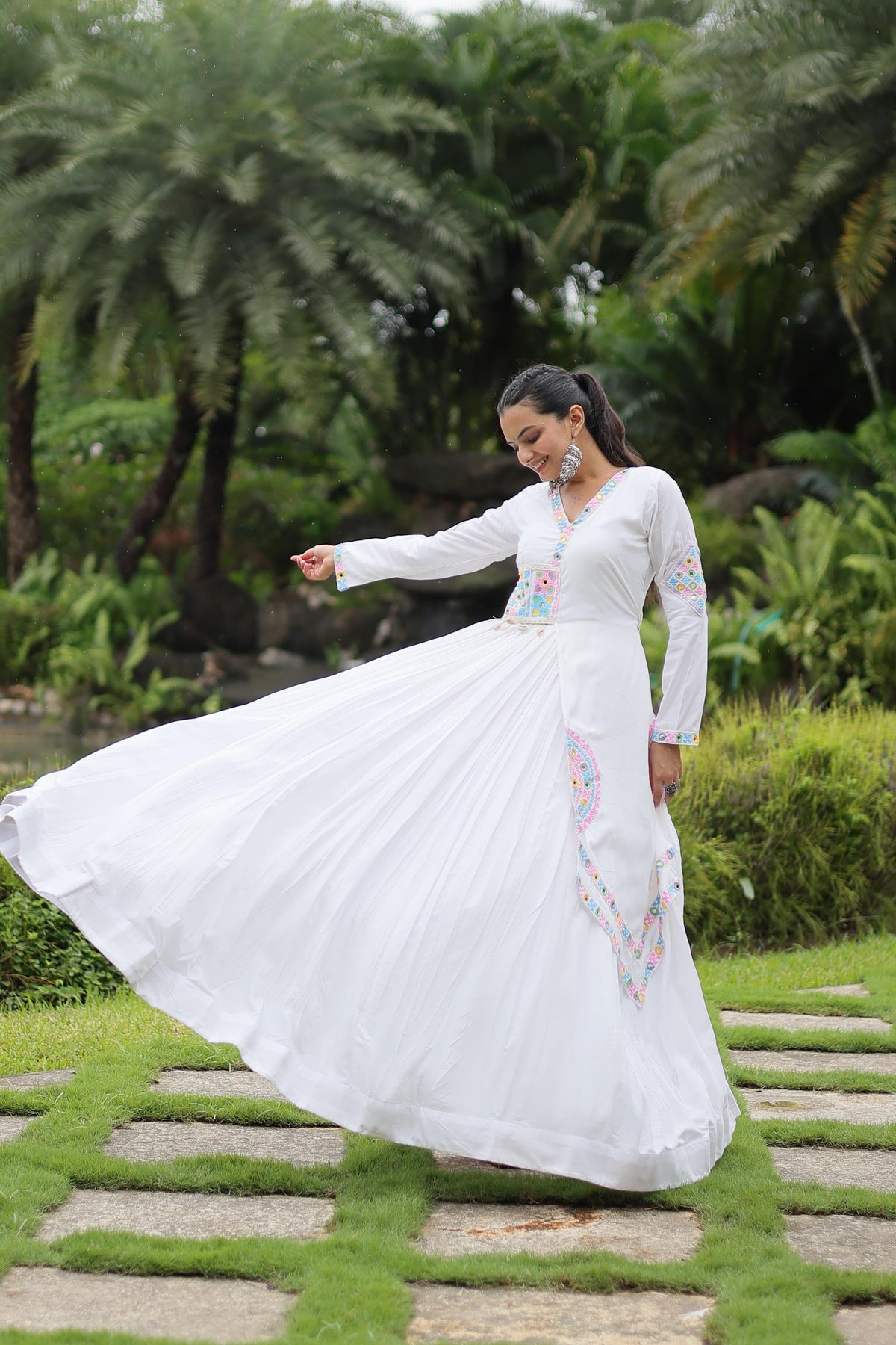 Lorenvalley White Rayon Fabric With Kutchi Gamthi Lace Gown | Grocsy