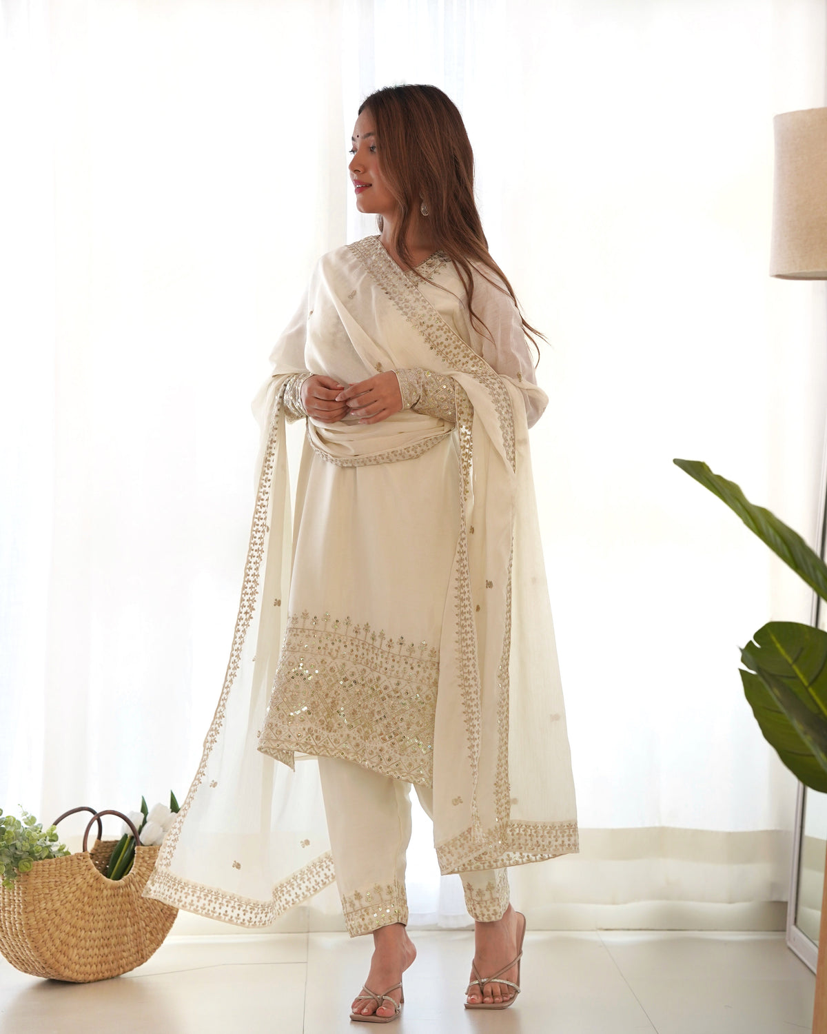 Lorenvalley Chinon Silk Embroidery Sequence zari work Kurta Pant with Dupatta Set - White | Grocsy