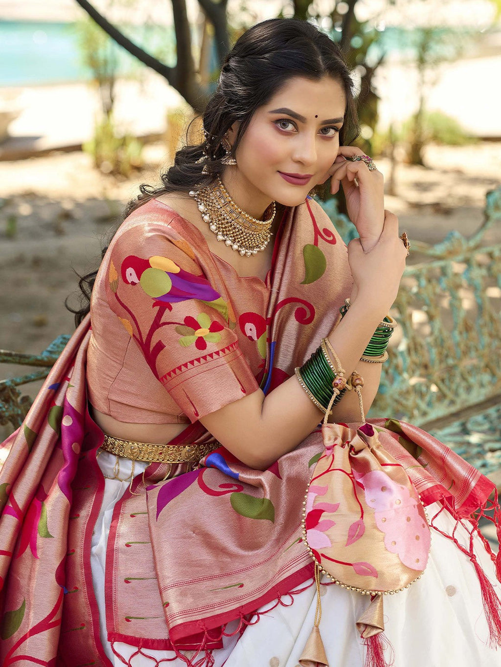 Lorenvalley White Jacquard Silk Paithani Weaving Zari Lehenga Choli with Dupatta | Grocsy