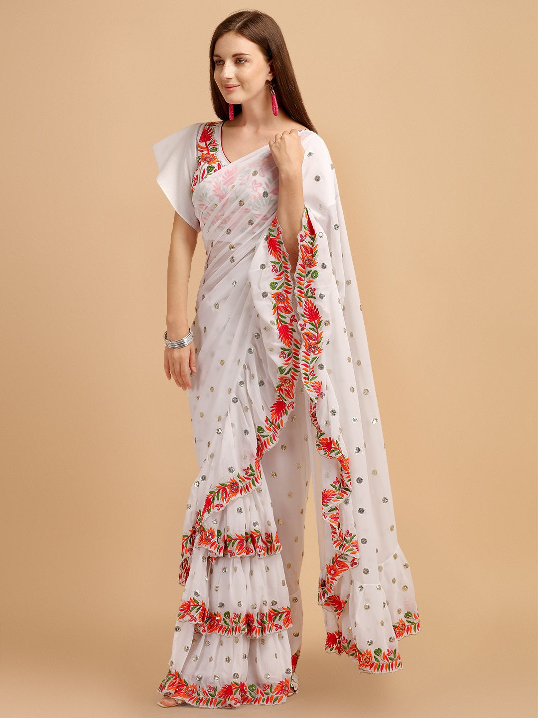 Evanik White Embroidered Work Ruffled Saree With Unstitched Blouse | Grocsy