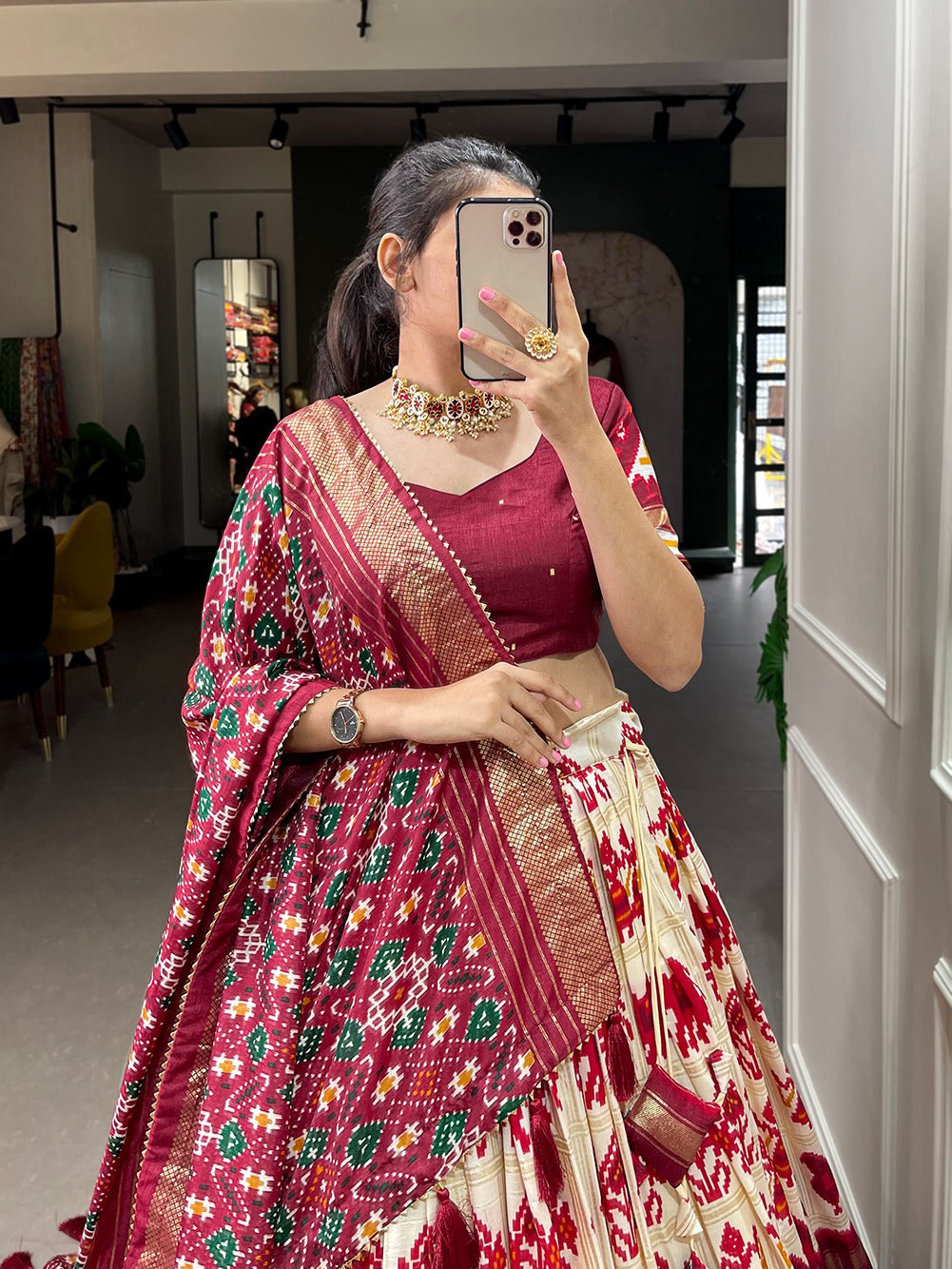 Lorenvalley White Tussar Silk Patola Print With Foil Work Lehenga Choli | Grocsy