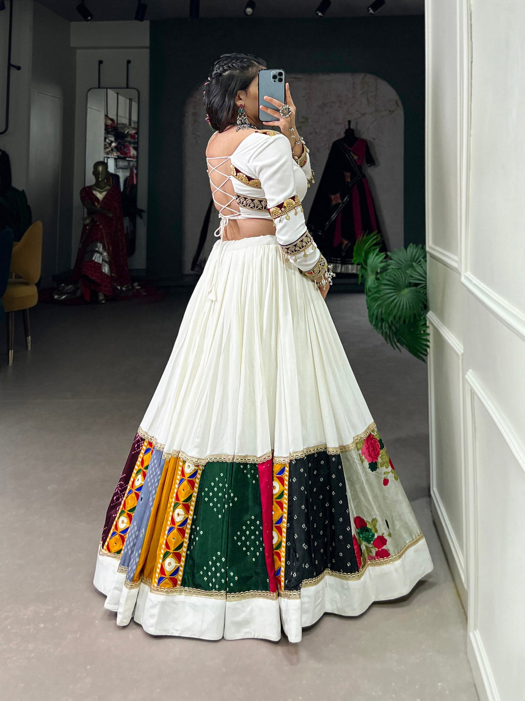 Lorenvalley White Rayon Plain With Embroidery And Gamthi Patch Work Lehenga Choli | Grocsy