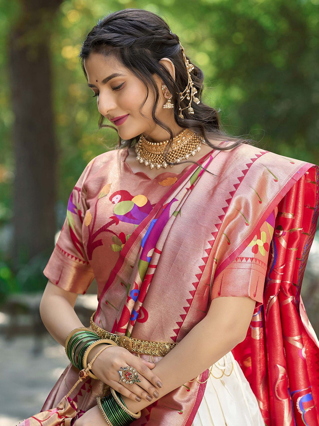 Lorenvalley White Jacquard Silk Paithani Weaving Zari Lehenga Choli with Dupatta | Grocsy