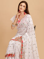 Evanik White Embroidered Work Ruffled Saree With Unstitched Blouse | Grocsy