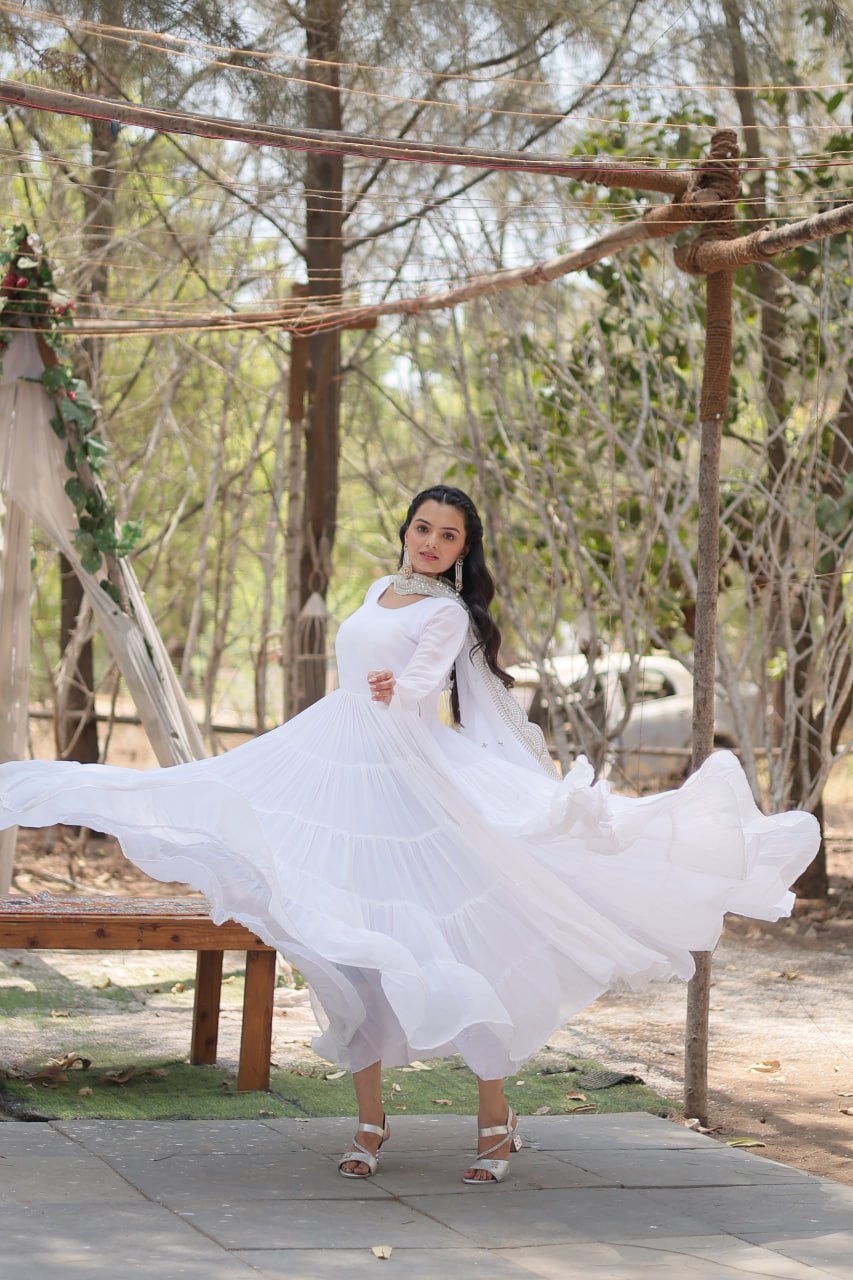 Evanik White Faux Blooming Gown With Dupatta With Rich Sequins Embroidered work | Grocsy