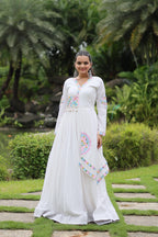 Lorenvalley White Rayon Fabric With Kutchi Gamthi Lace Gown | Grocsy