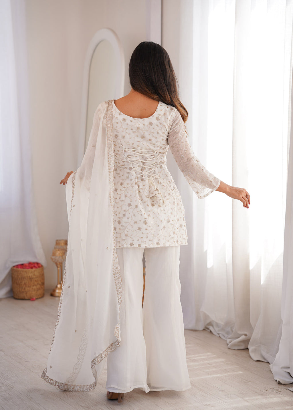 Evanik Off White Crunchy Silk Embroidery Sequins And Zari Work Kurta Pants With Dupatta | Grocsy
