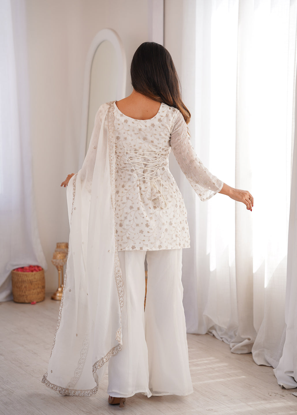 Evanik Off White Crunchy Silk Embroidery Sequins And Zari Work Kurta Pants With Dupatta | Grocsy