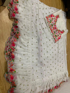 Evanik White Embroidered Work Ruffled Saree With Unstitched Blouse | Grocsy