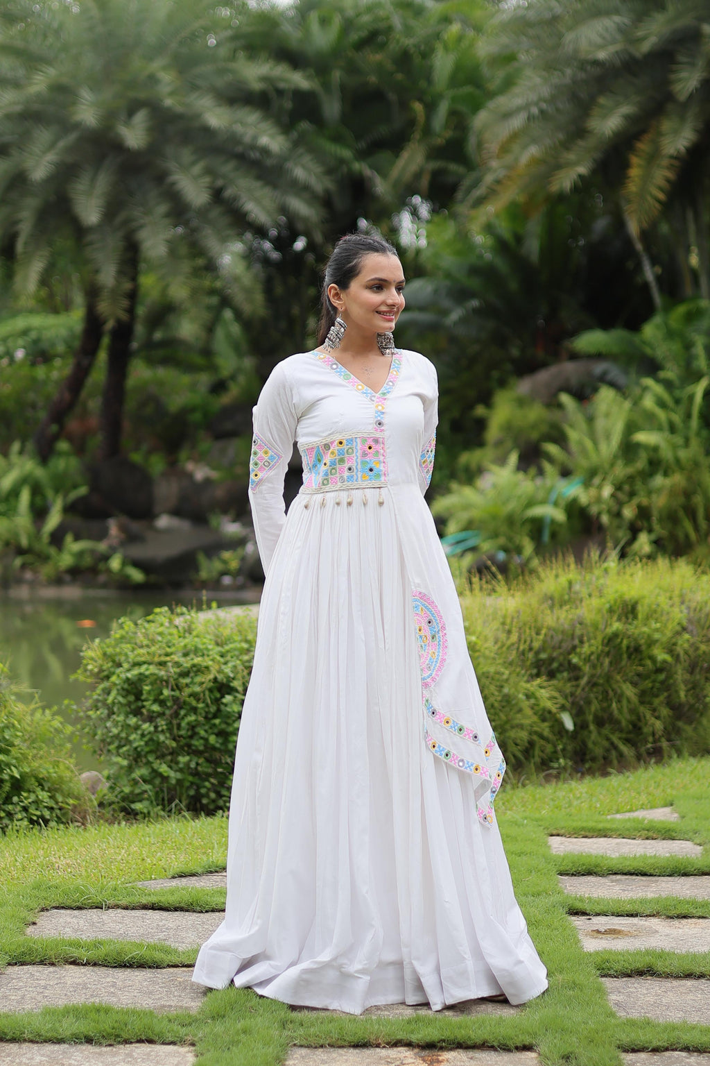 Lorenvalley White Rayon Fabric With Kutchi Gamthi Lace Gown | Grocsy