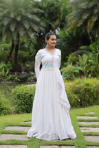 Lorenvalley White Rayon Fabric With Kutchi Gamthi Lace Gown | Grocsy
