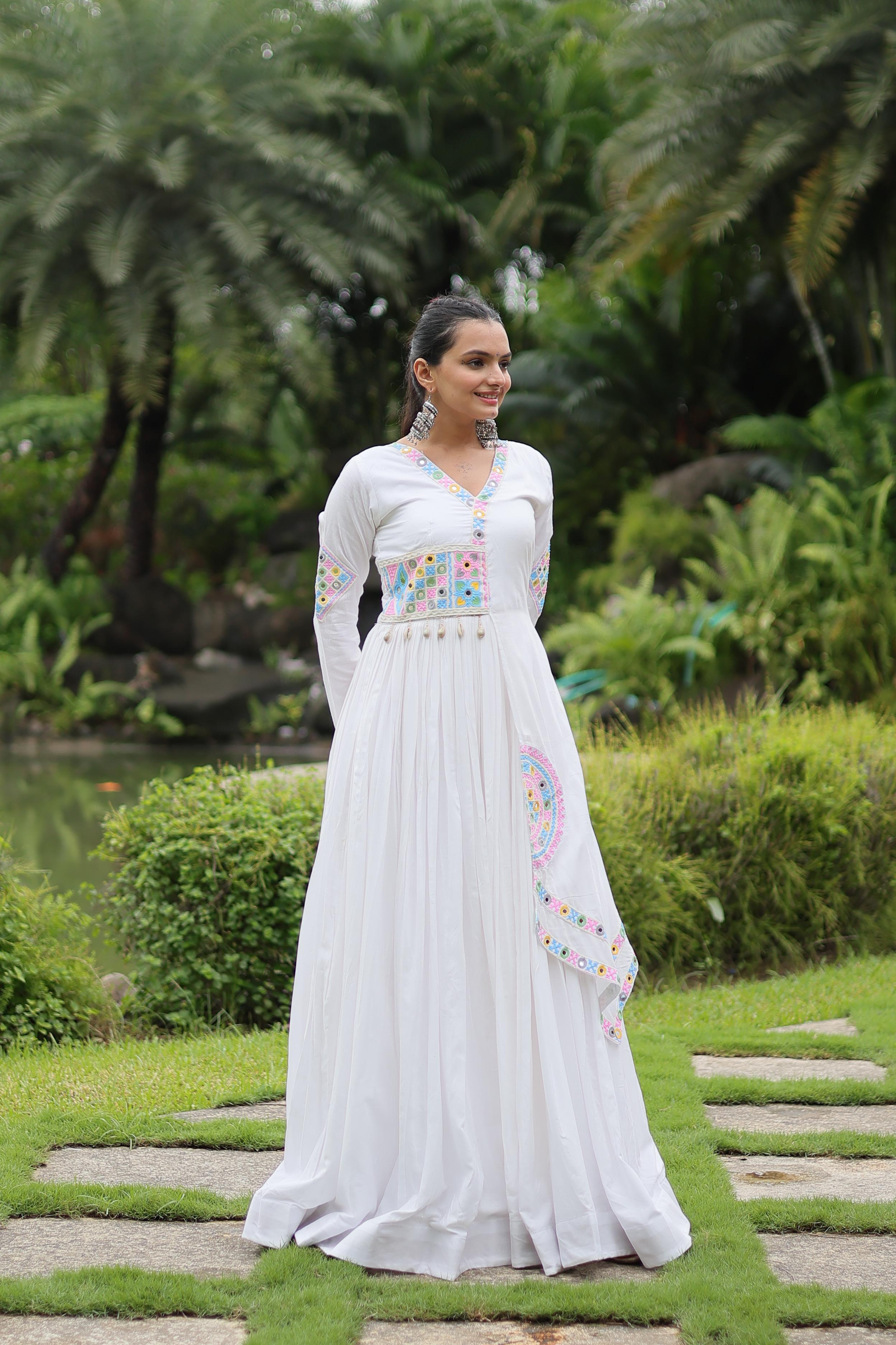 Lorenvalley White Rayon Fabric With Kutchi Gamthi Lace Gown | Grocsy