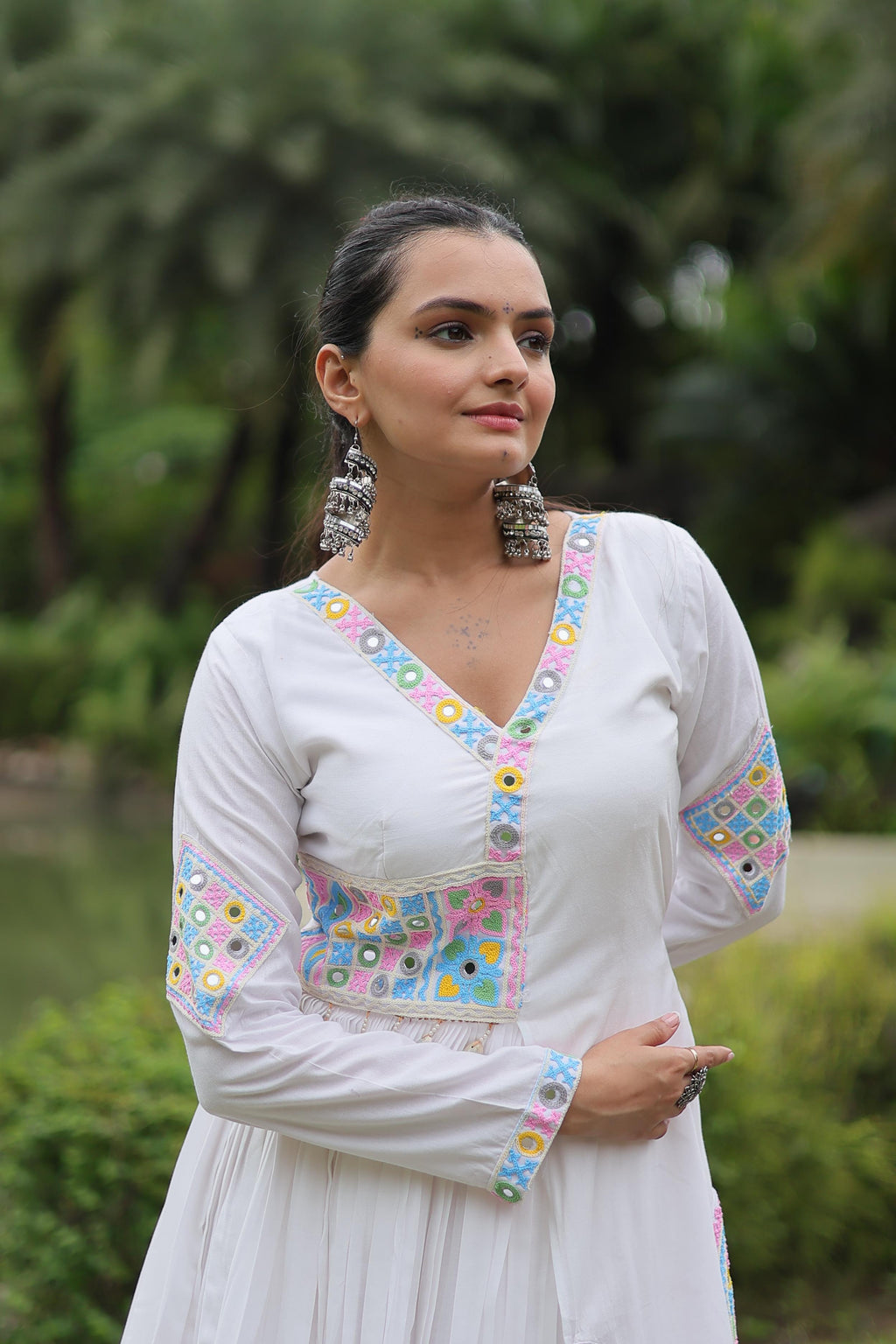 Lorenvalley White Rayon Fabric With Kutchi Gamthi Lace Gown | Grocsy