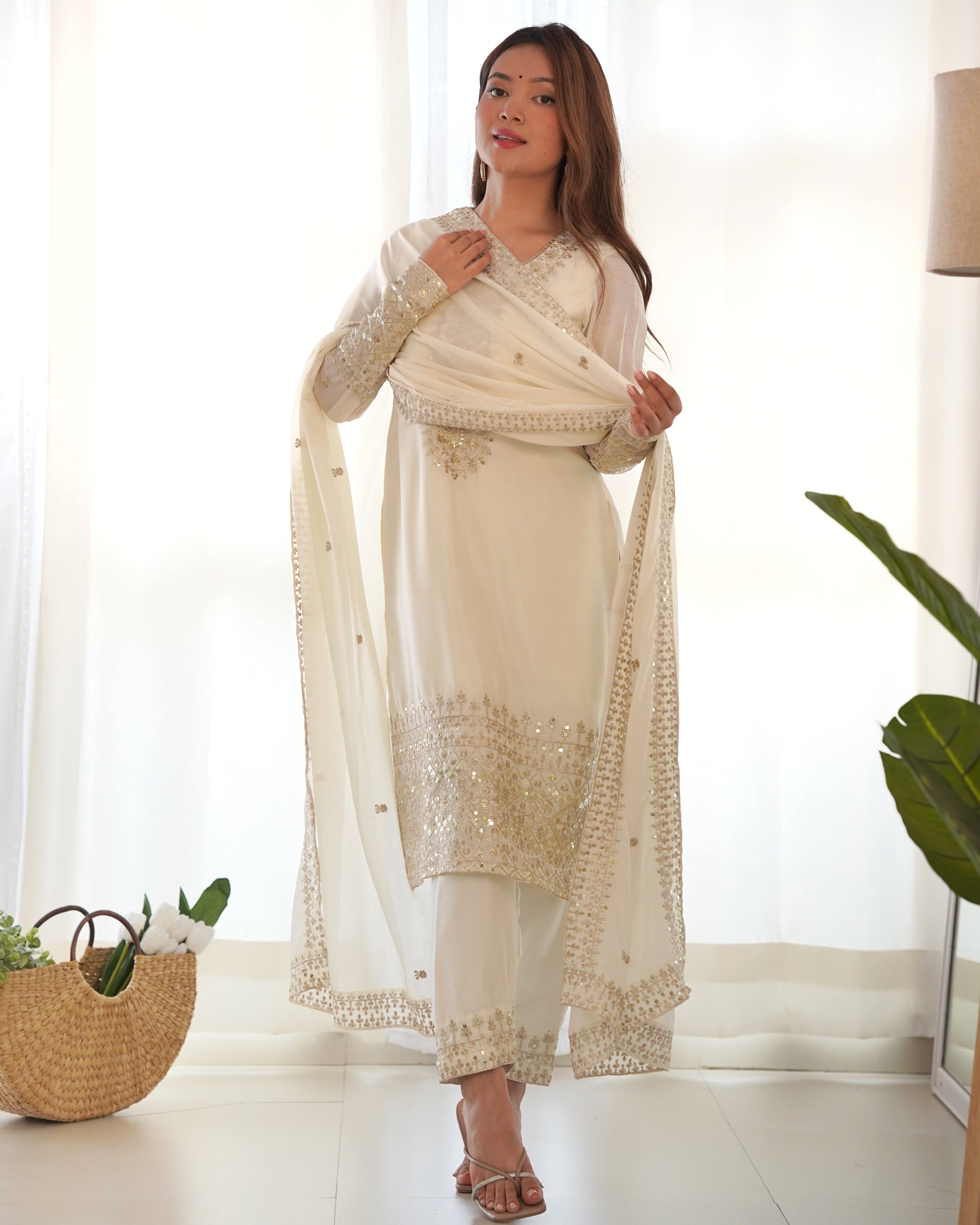 Lorenvalley Chinon Silk Embroidery Sequence zari work Kurta Pant with Dupatta Set - White | Grocsy