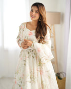 Lorenvalley White Soft Organza Silk With Floral Print Fully Flared Anarkali Pant With Dupatta Set | Grocsy